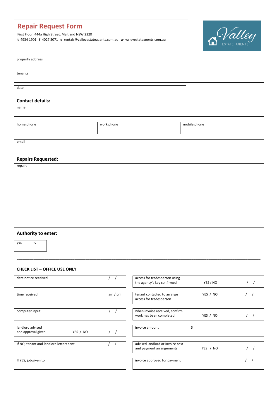 Repair Request Form - Valley Estate Agents, Page 1