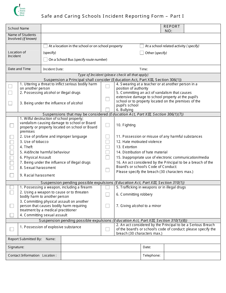 Safe and Caring Schools Incident Reporting Form - Toronto District School Board, Page 1