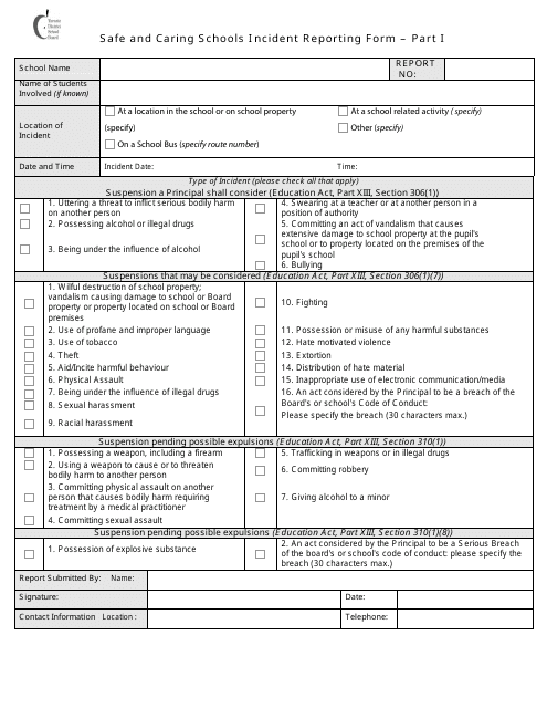 Safe and Caring Schools Incident Reporting Form - Toronto District School Board