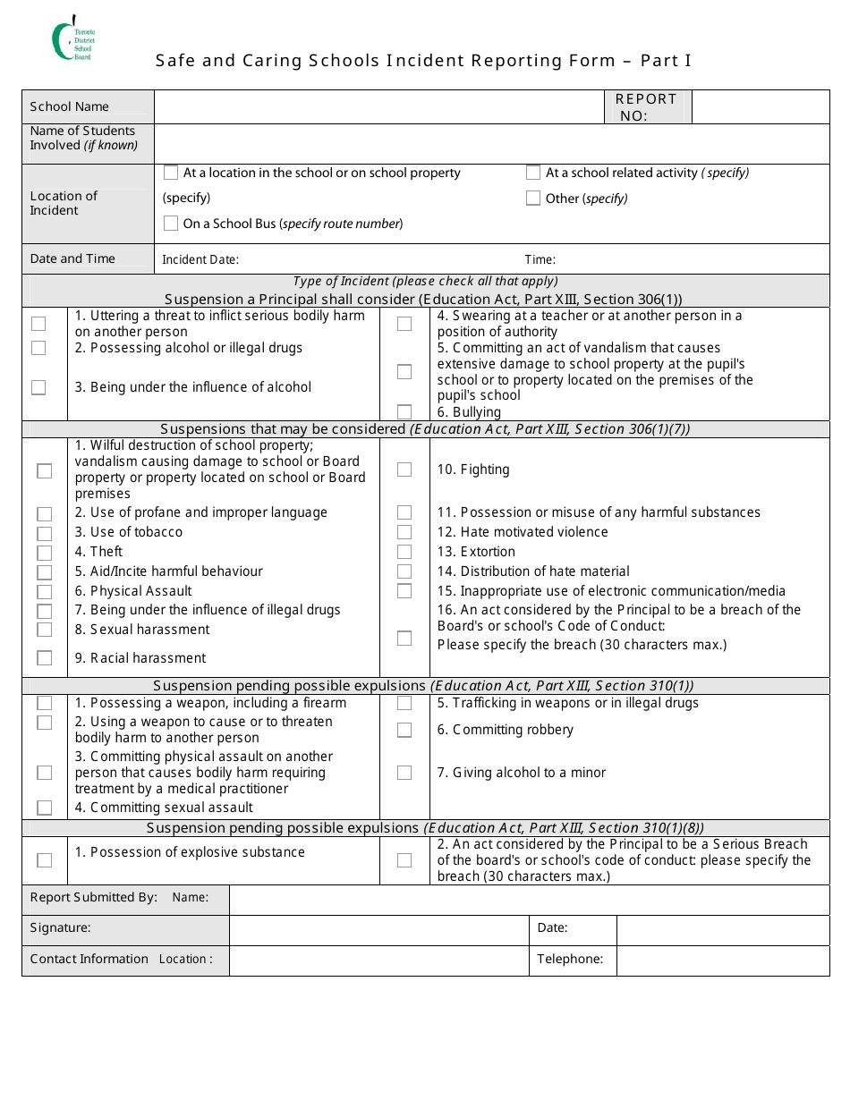 Safe and Caring Schools Incident Reporting Form - Toronto District ...