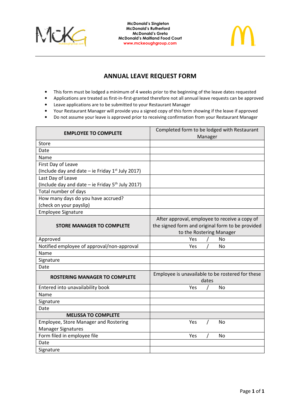 Annual Leave Request Form - Mcdonalds, Page 1