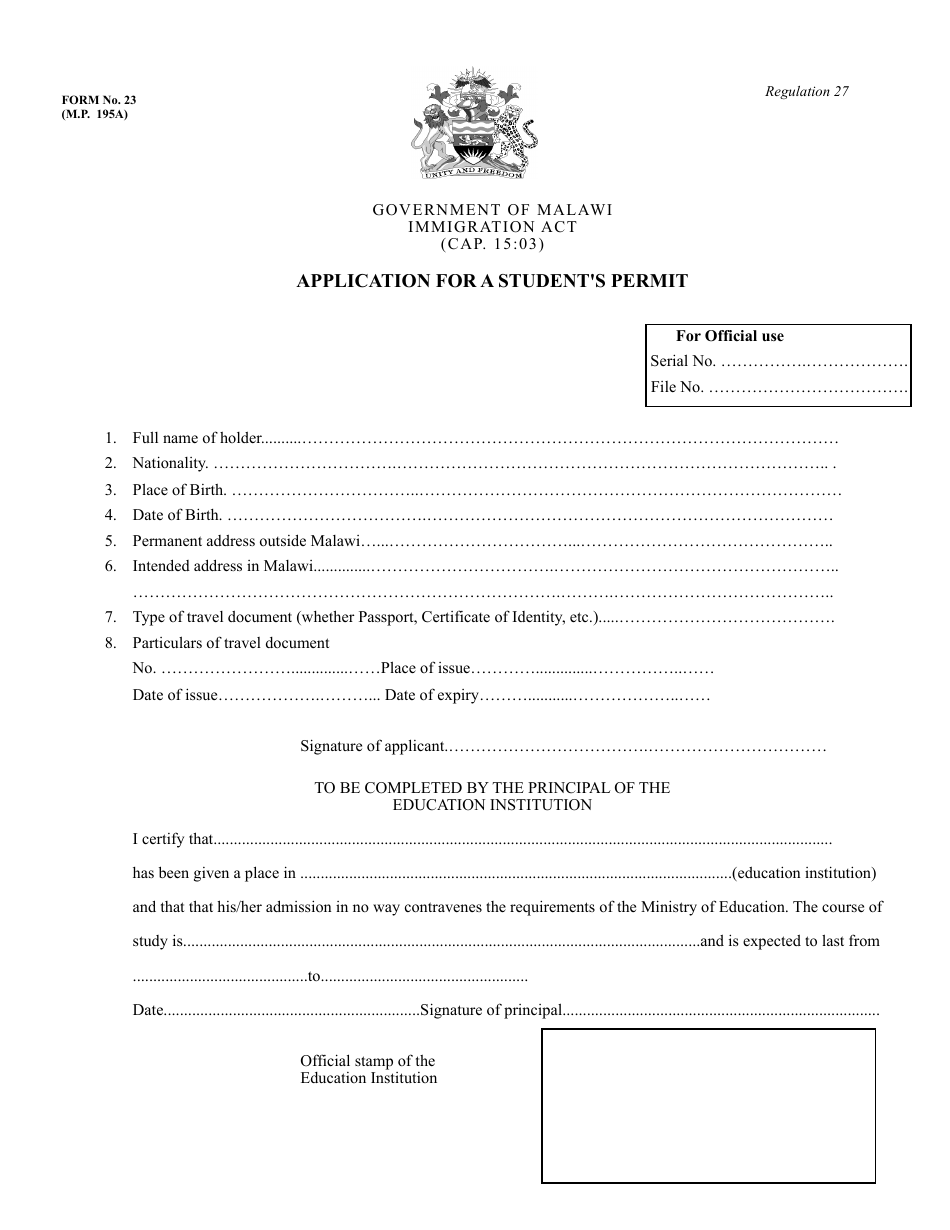 Form 23 Application for a Students Permit - Malawi, Page 1