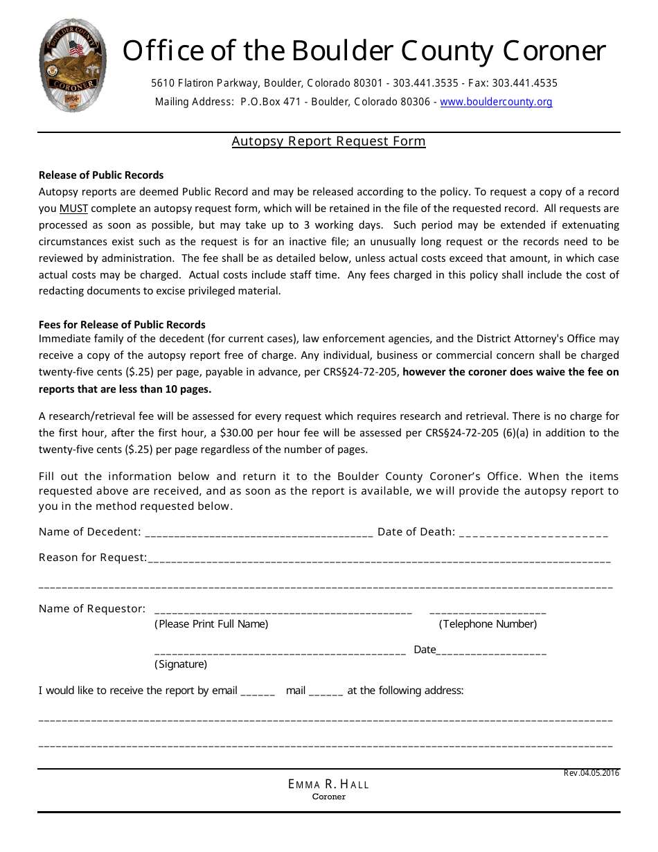 Autopsy Report Request Form - Boulder County, Colorado, Page 1