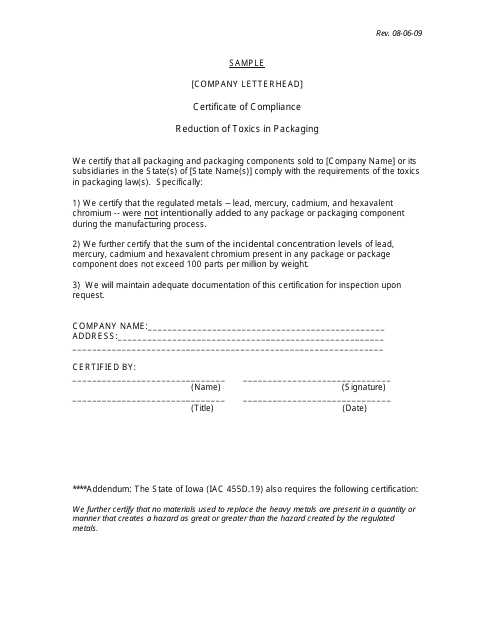 Certificate of Compliance Form - Reduction of Toxics in Packaging - Sample - Iowa Download Pdf