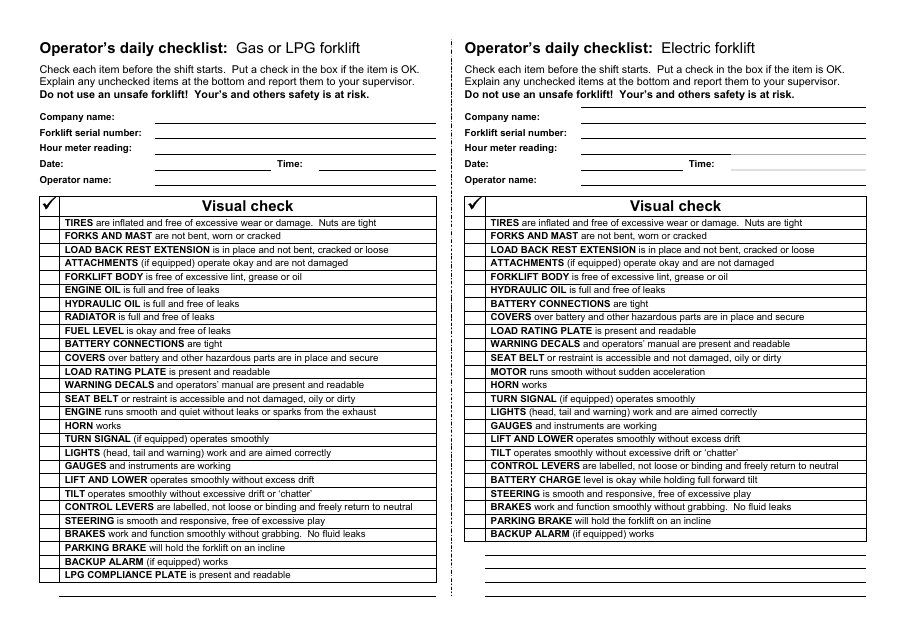 &quot;Operator's Daily Forklift Checklist Template&quot; Download Pdf
