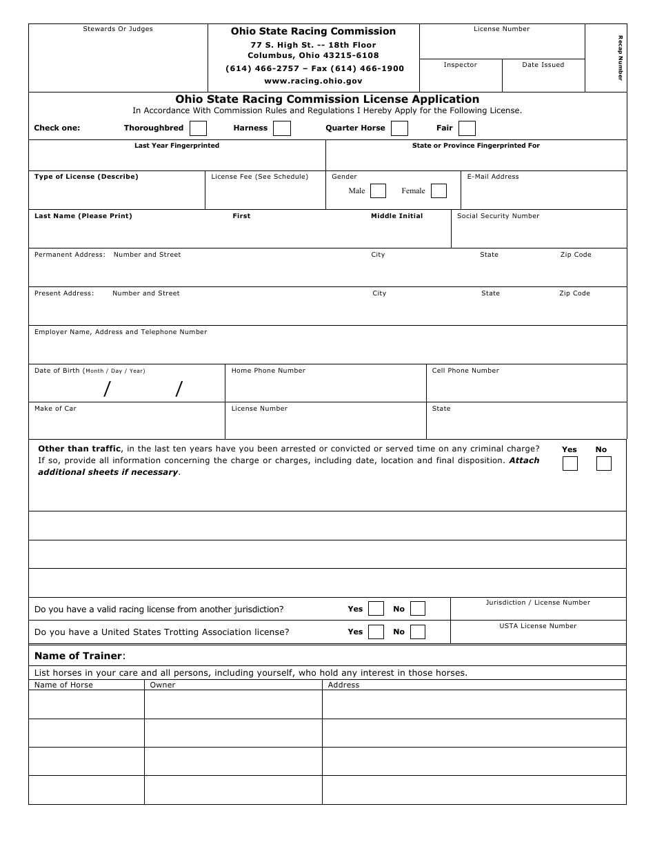 Form OSRC1000 Ohio State Racing Commission License Application - Ohio, Page 1