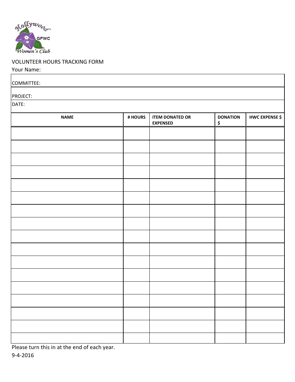 Volunteer Hours Tracking Sheet Template - Hollywood Women's Club