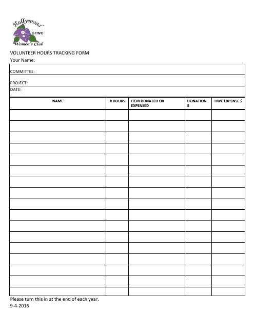 &quot;Volunteer Hours Tracking Sheet Template - Hollywood Women's Club&quot; Download Pdf