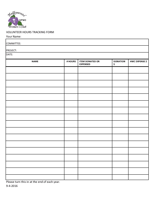 Volunteer Hours Tracking Sheet Template - Hollywood Women's Club