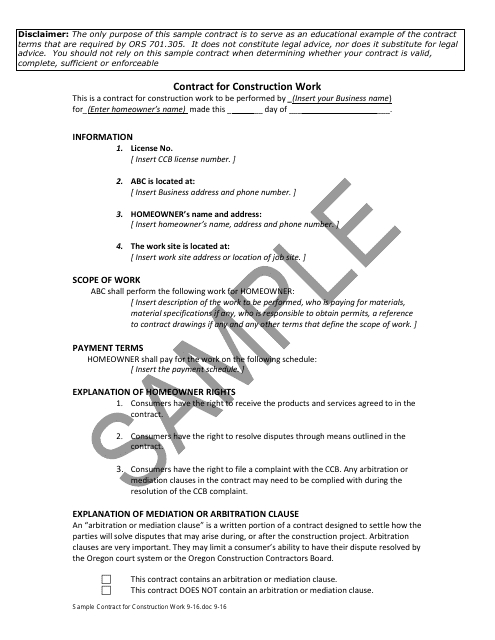 Contract for Construction Work - Sample - Oregon Download Pdf
