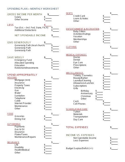 Monthly Spending Plan Template