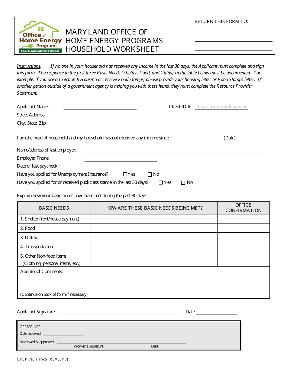 Maryland Office of Home Energy Programs Household Worksheet - Maryland, Page 1