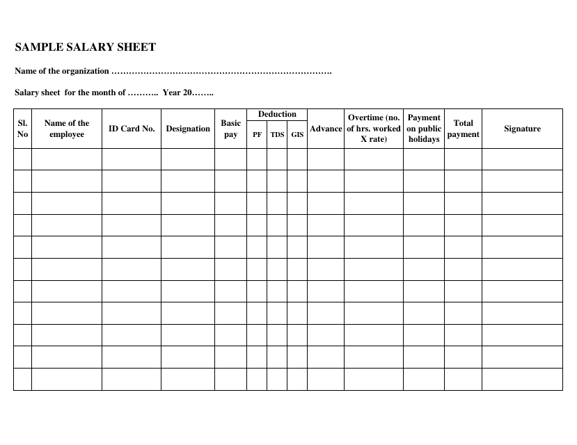 Salary Sheet Template - Fill Out, Sign Online and Download PDF ...