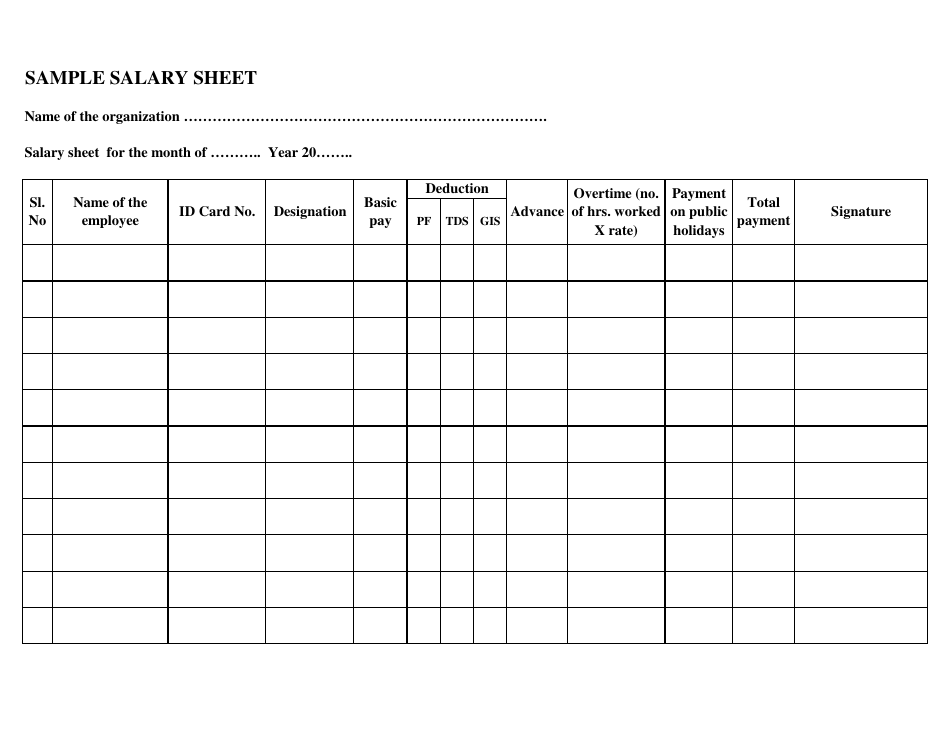 Salary Sheet Template Fill Out, Sign Online and Download PDF