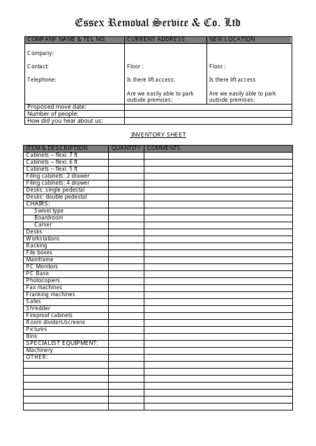 Inventory Sheet Template - Essex Removal Service