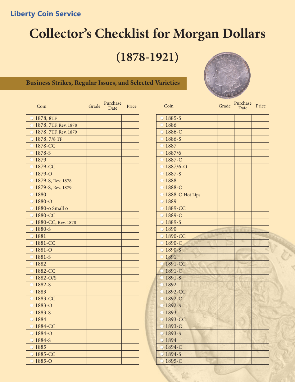 Collector's Checklist for Morgan Dollars - Free Template Image Preview