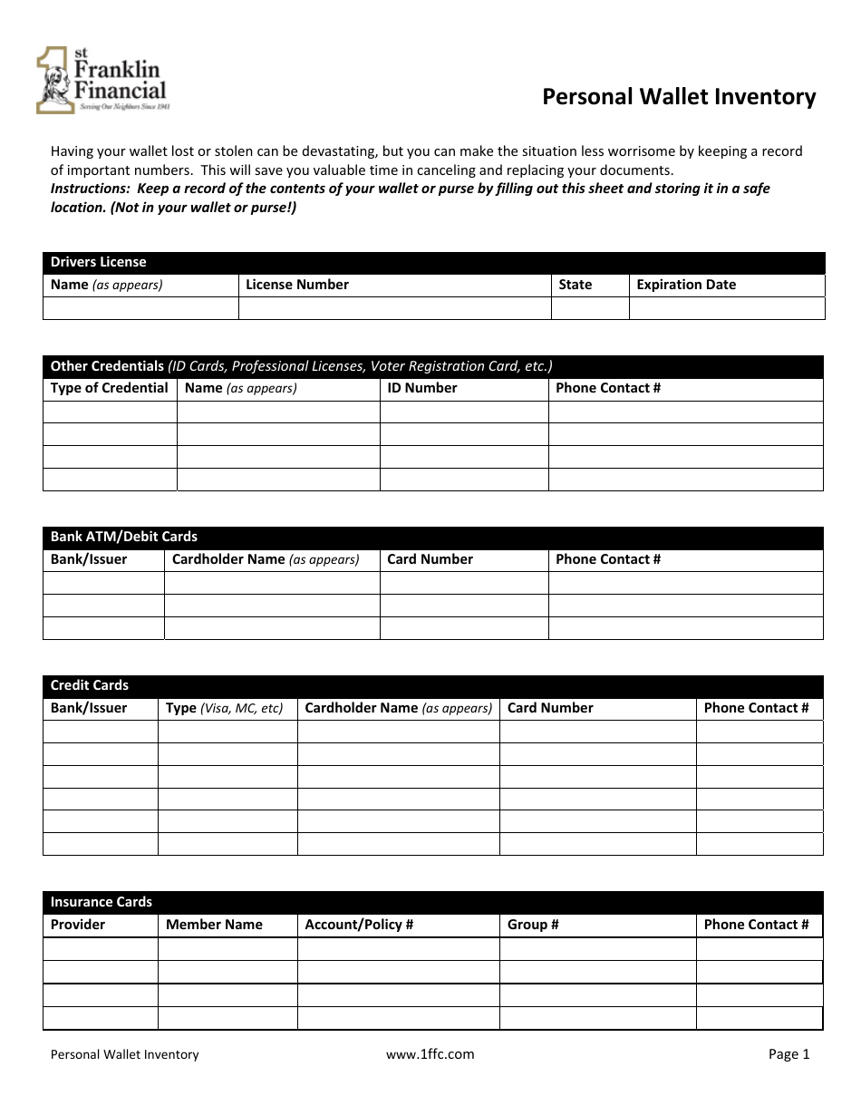 Personal Wallet Inventory Spreadsheet Template - First Franklin Financial