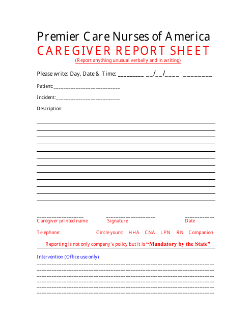 Caregiver Report Sheet Template - Premier Care Nurses of America