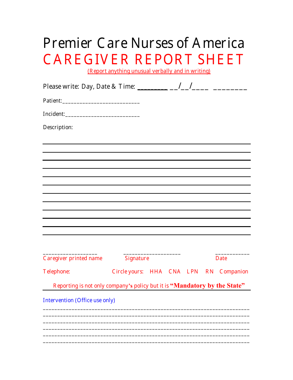 Caregiver Report Sheet Template - Premier Care Nurses of America With Regard To Intervention Report Template