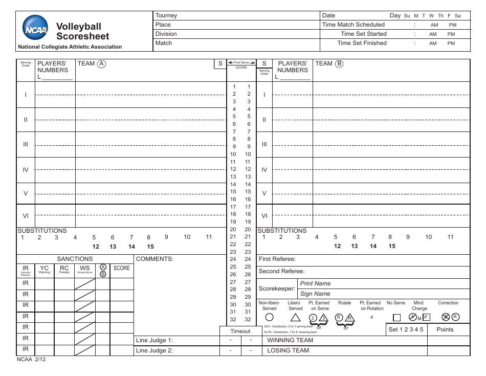 Volleyball Score Sheet Ncaa Download Printable PDF Templateroller