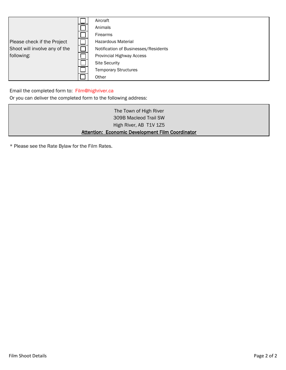Schedule B Film Shoot Details - Town of High River, Alberta, Canada, Page 2