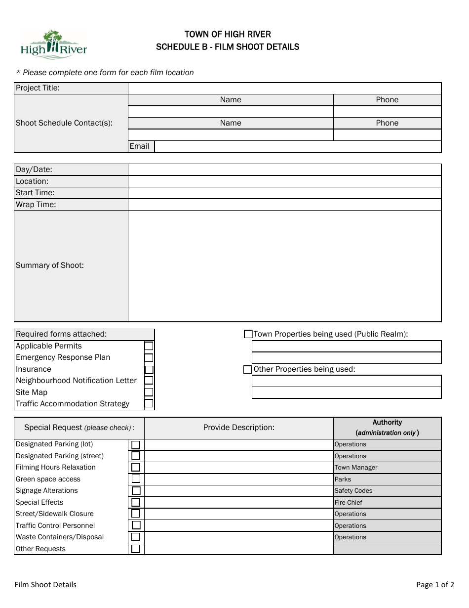 Town of High River, Alberta Canada Film Shoot Details - Fill Out, Sign ...