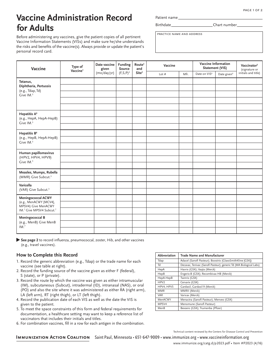 Vaccine Administration Record for Adults Template