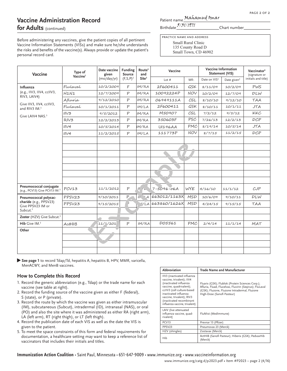 Vaccine Administration Record for Adults Template - Immunization Action Coalition, Page 4