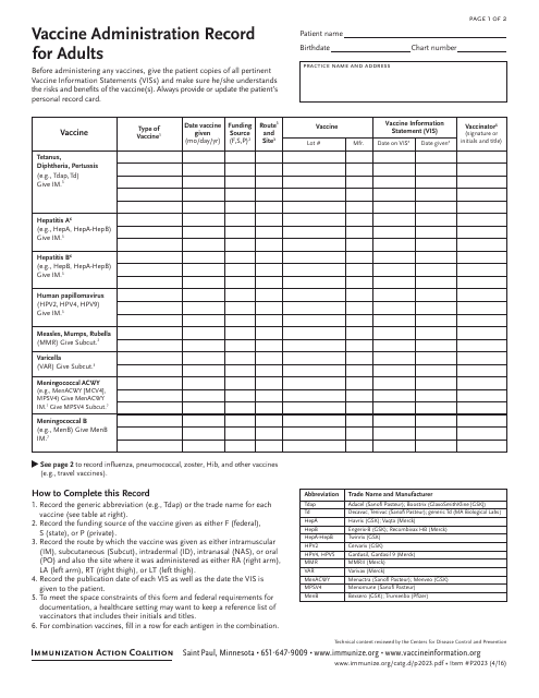 Vaccine Administration Record for Adults Template - Immunization Action Coalition