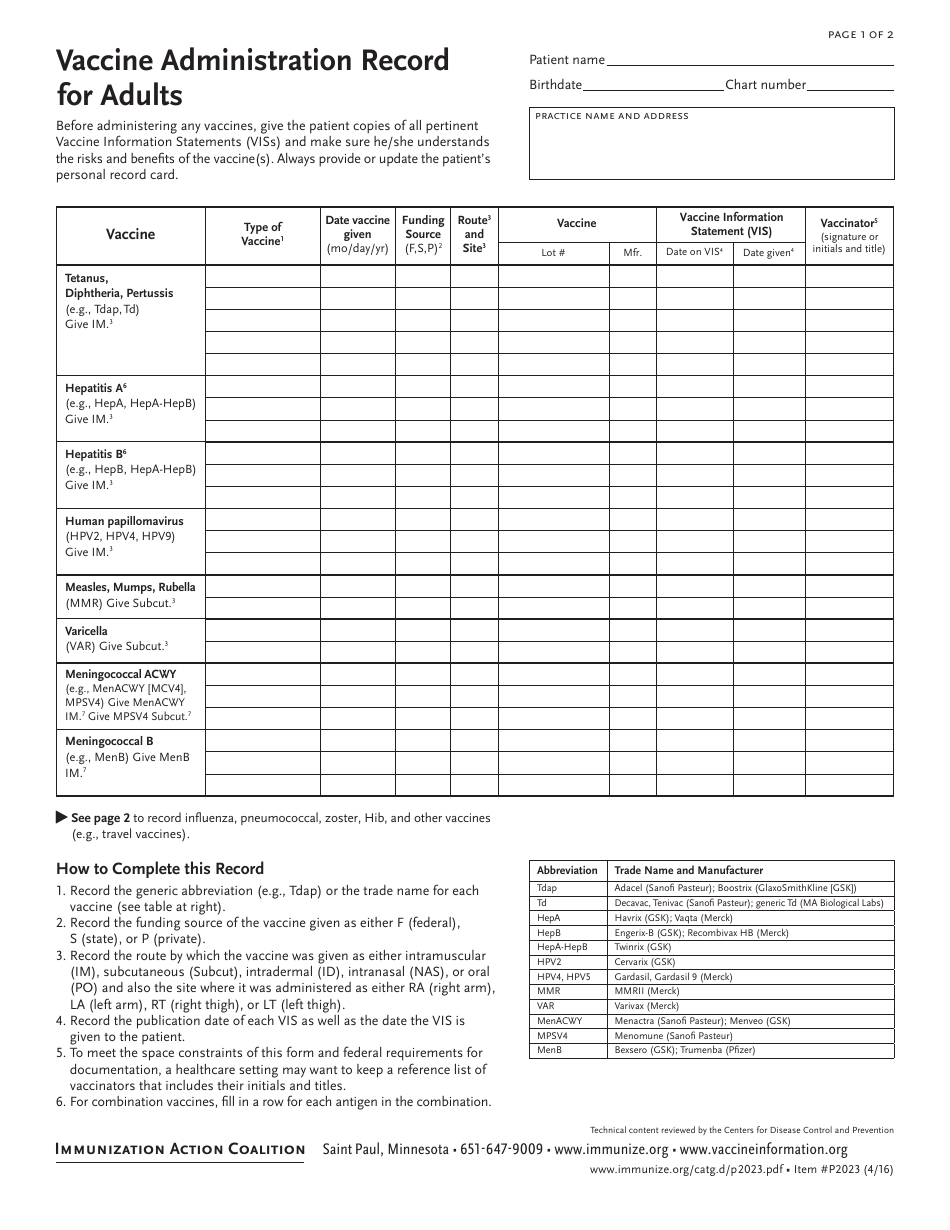 Vaccine Administration Record for Adults Template Immunization Action