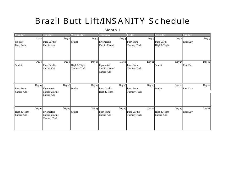Brazil Butt Lift/Insanity Schedule Template - Preview Image