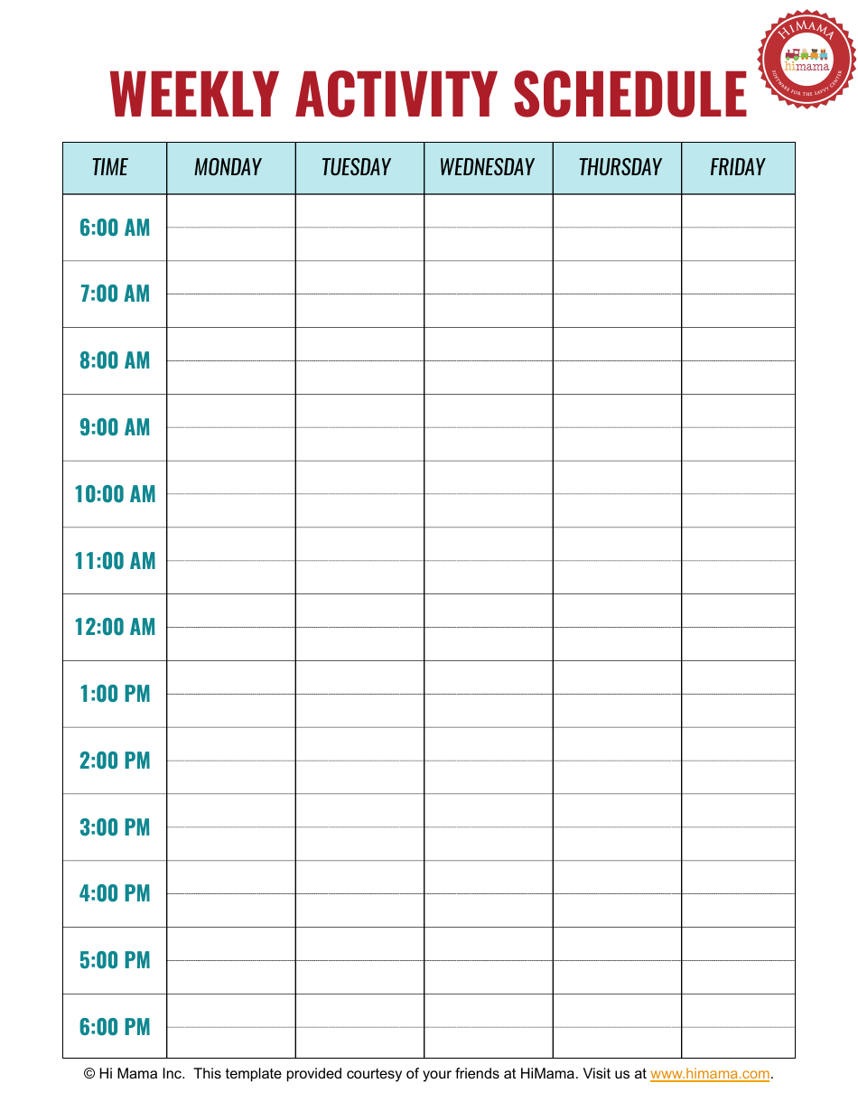 Weekly Activity Schedule Template - Monday to Friday - Hi Mama, Page 1