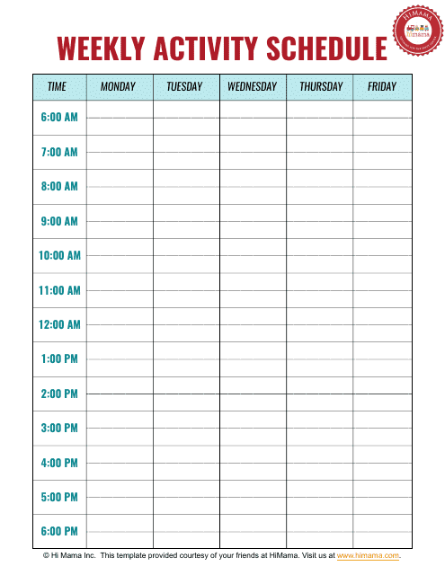 Weekly Activity Schedule Template - Monday to Friday - Hi Mama Download Pdf