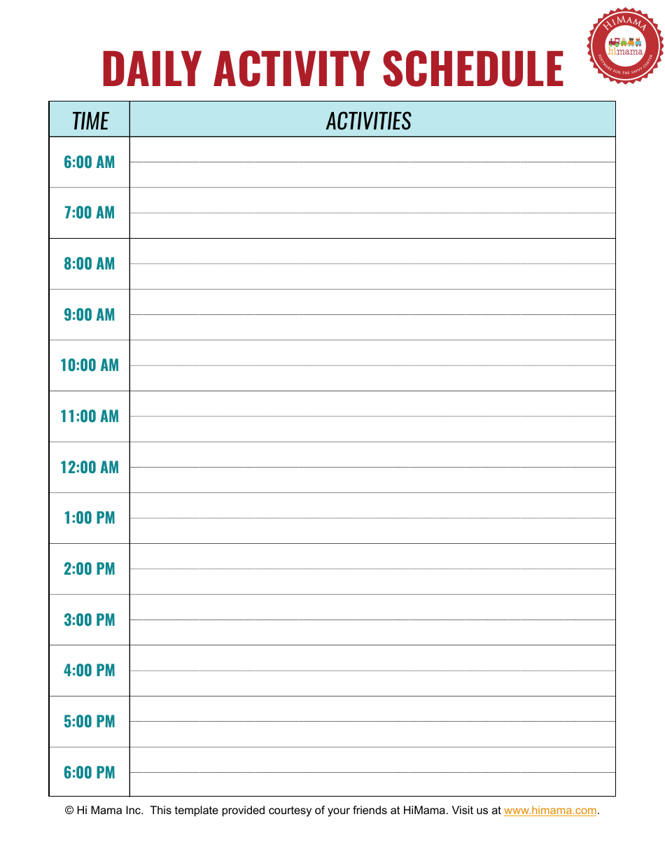 Daily Activity Schedule Template - Hi Mama Preview