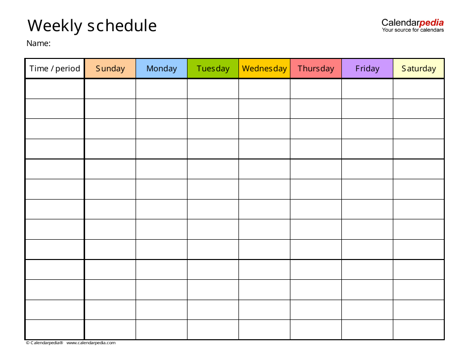 Multicolored Weekly Schedule Template - CalendarTool for Effective Time Management