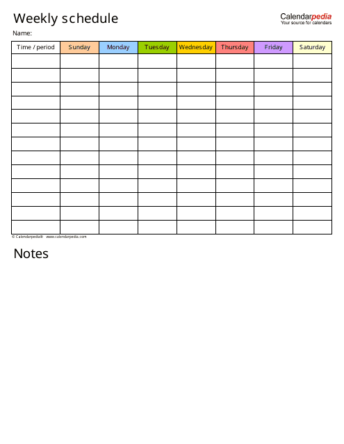 Multicolored Weekly Schedule With Notes Template - Calendarpedia