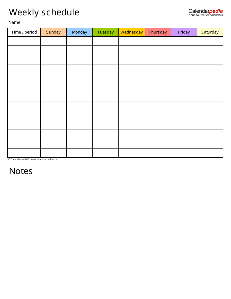 Multicolored Weekly Schedule With Notes Template