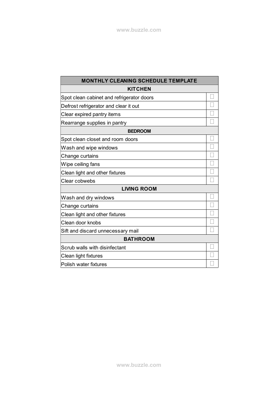 Monthly Cleaning Schedule Template, Page 1
