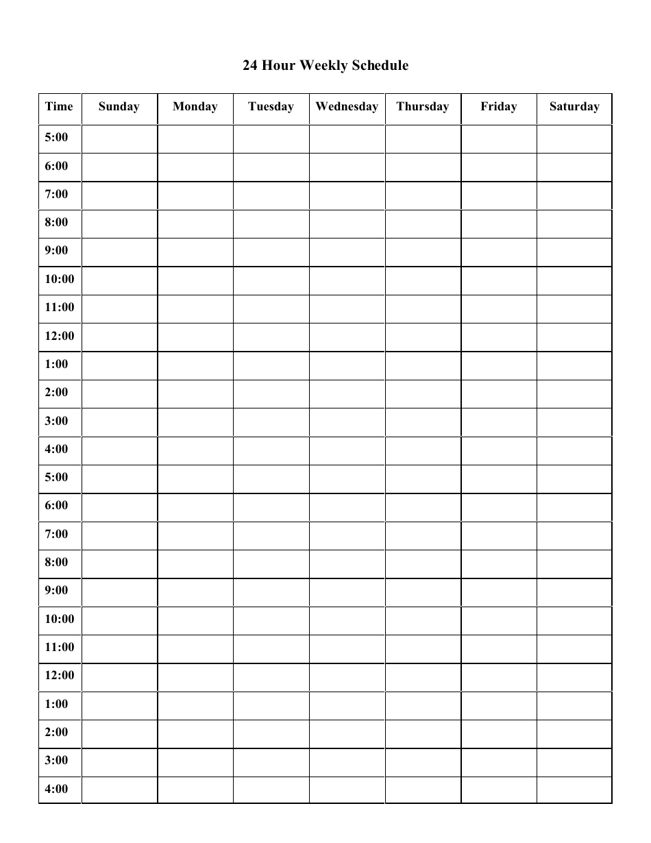 24-hour Weekly Schedule Template
