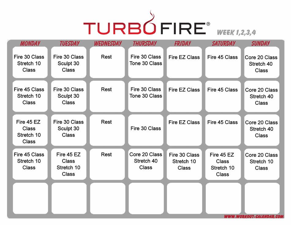 Turbo Fire Schedule Template Week 1 - Get a detailed overview of the Turbo Fire workout schedule for Week 1, allowing you to track and plan your workouts efficiently.