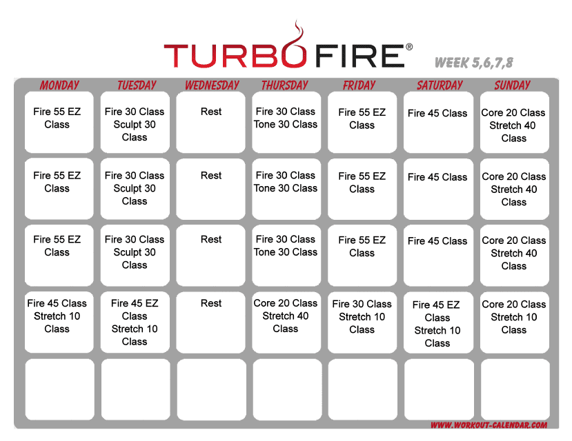 &quot;Turbo Fire Schedule Template - Week 5, 6, 7, 8&quot; Download Pdf