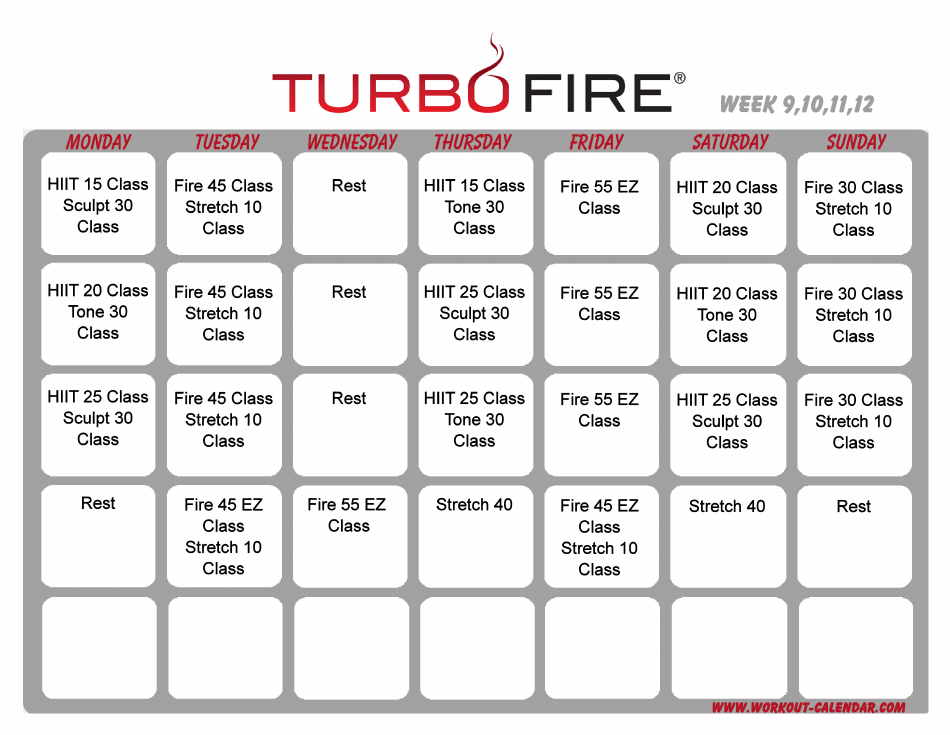 Turbo Fire Schedule template Week 9, Week 10, Week 11, and Week 12 preview