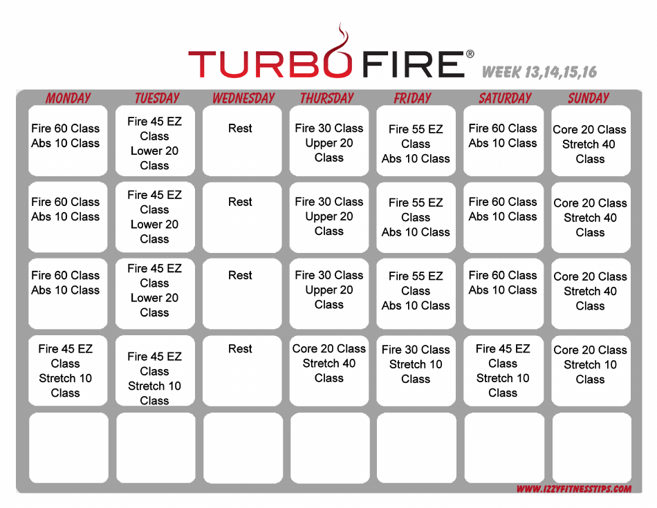 Turbo Fire Schedule Template - Week 13, 14, 15, 16 Preview