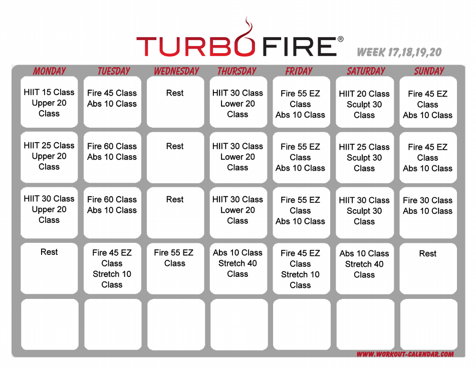 Turbo Fire Schedule Template - Week 17, 18, 19, 20