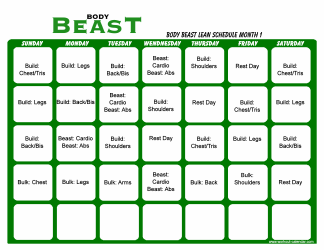 Document preview: Body Beast Lean Schedule Template - Month 1