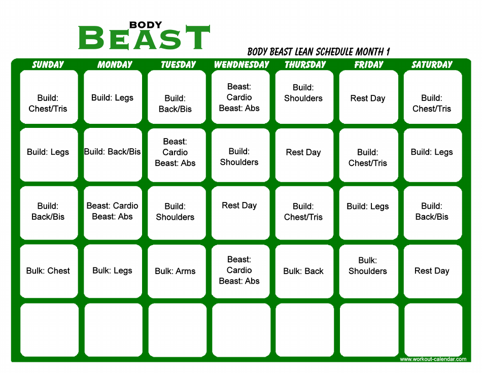 Body Beast Lean Schedule Template - Month 1 Preview Image
