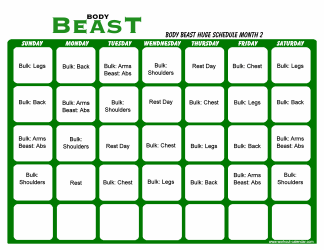 Document preview: Body Beast Huge Schedule Template - Month 2