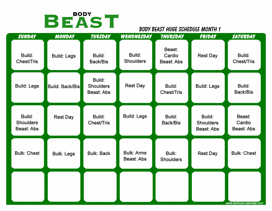 Body Beast Huge Schedule Template - Month 1 Download Printable PDF