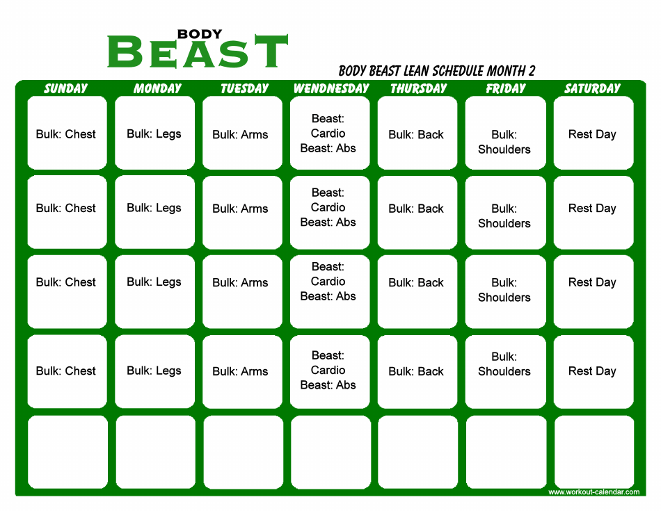 Body Beast Lean Schedule Template - Month 2 Preview