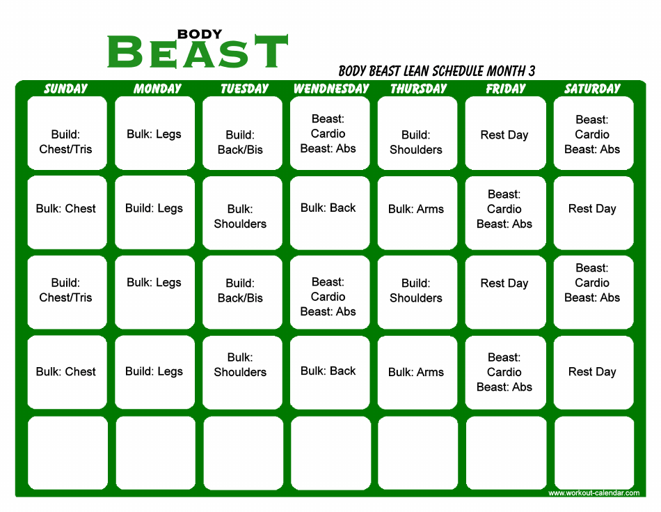 Body Beast Lean Schedule Template Month 3 Download Printable PDF 